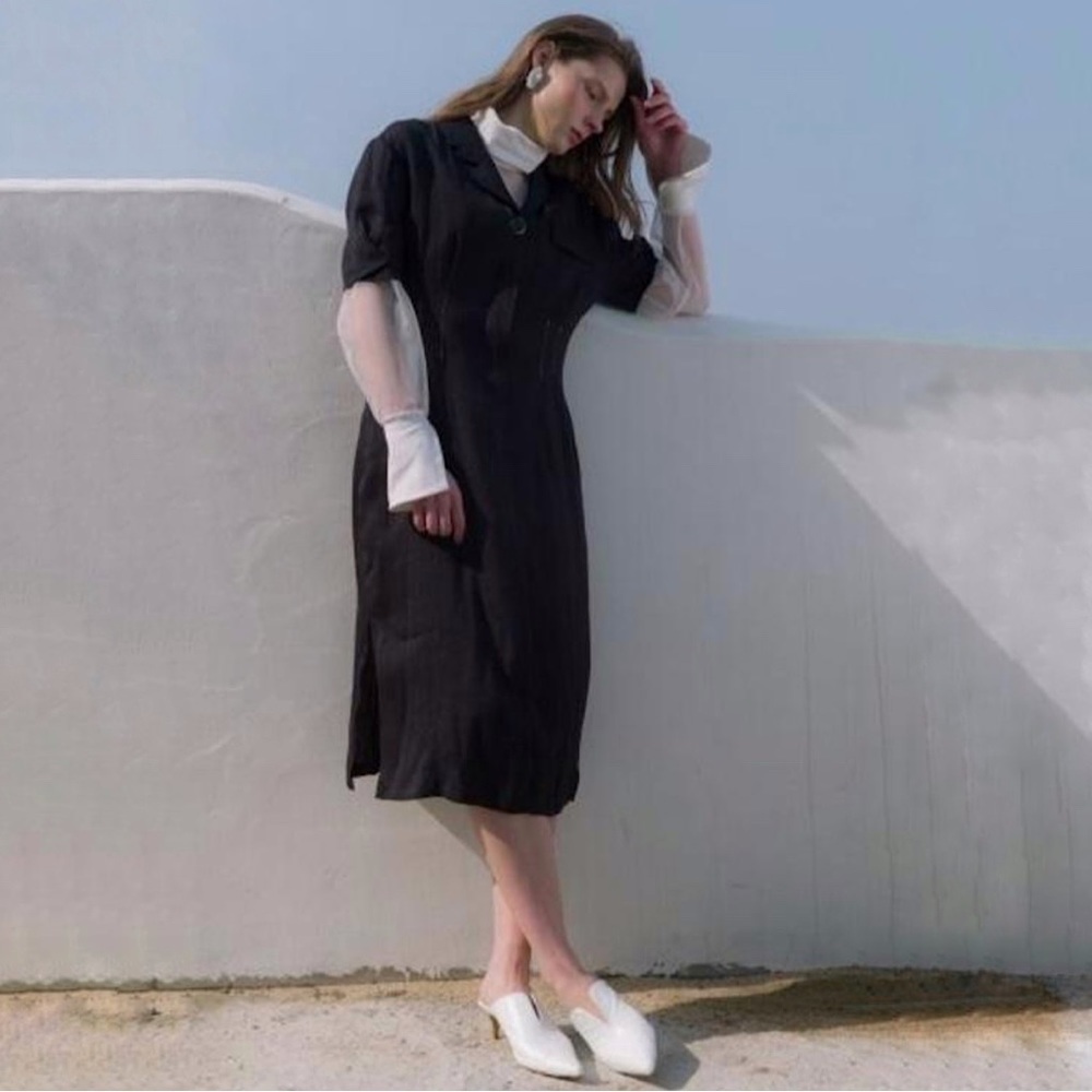 Frontrow Maison Marais Sablier Linen Blend Pleated Midi Shirt Dress Navy Small